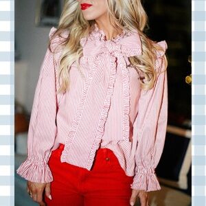 Elizabeth Wilson Pink Striped Ruffle Bow-Front Button Down Blouse - Women